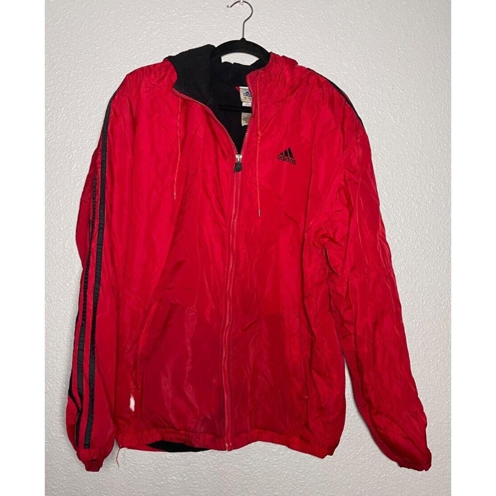 Vintage 90s Adidas 1/4‎ Zip Jacket Medium Red Parka Hooded Heavy Triple Stripe